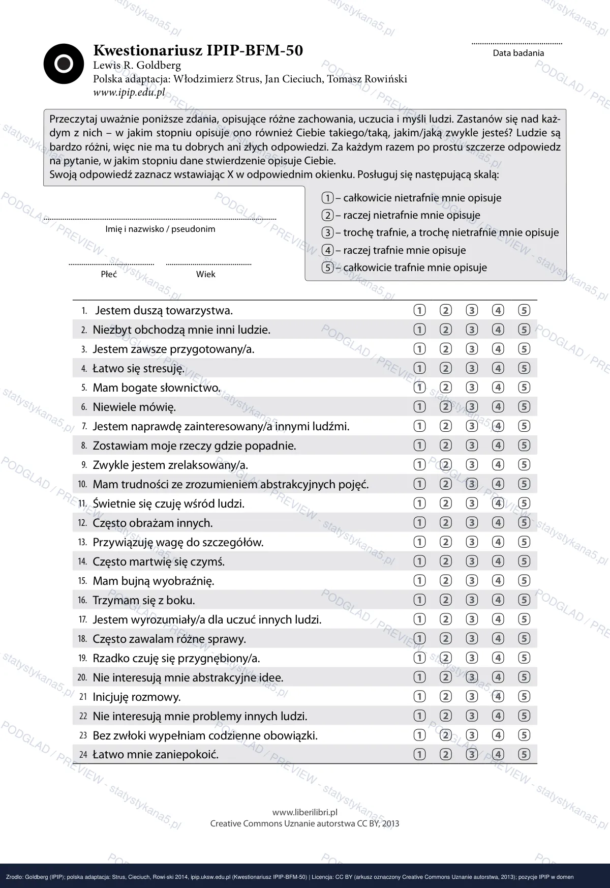 Podgląd arkusza IPIP-BFM-50 / IPIP-BFM-20 (watermark PREVIEW)